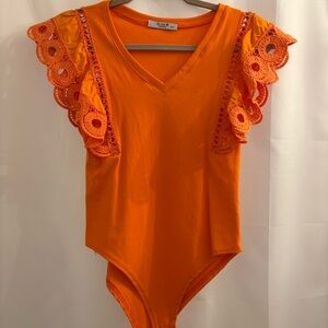 Orange Lace Sleeve Bodysuit